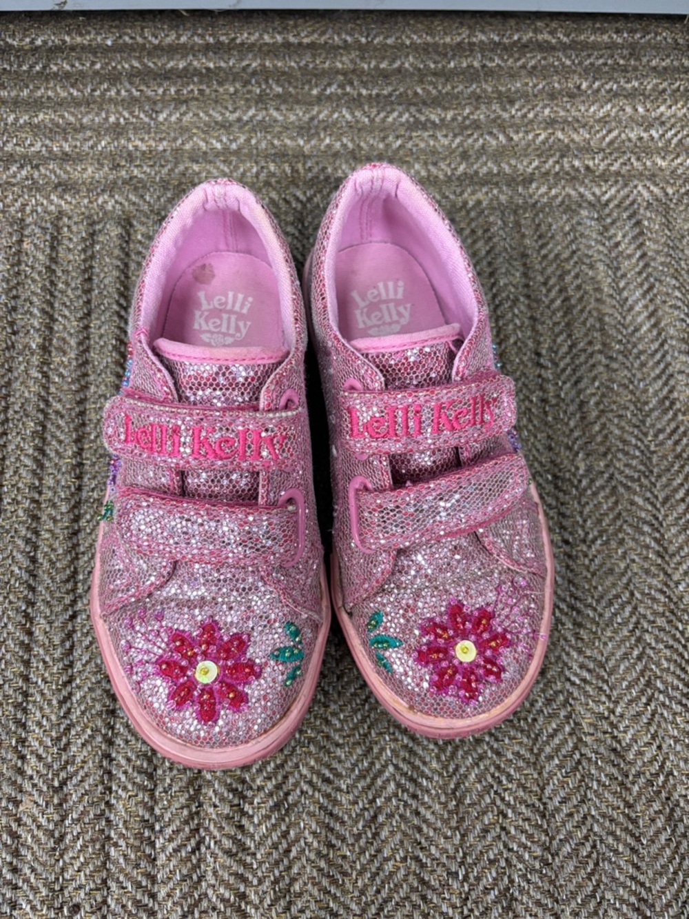 Lelli Kelly Pink Glitter Floral Velcro Sneakers for Kids Size 28